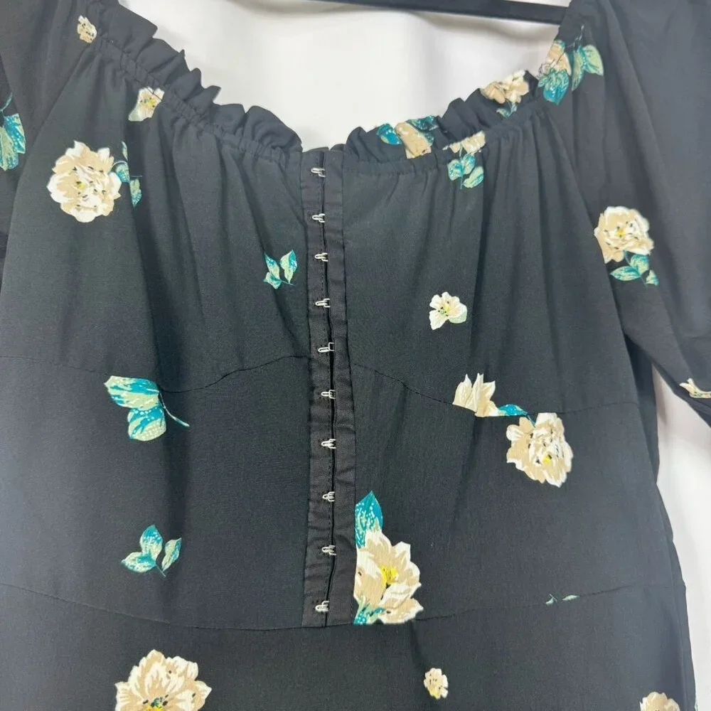 Black Floral Off the Shoulder Corset Style Mini Dress Fairy Whimsigoth Cottage S